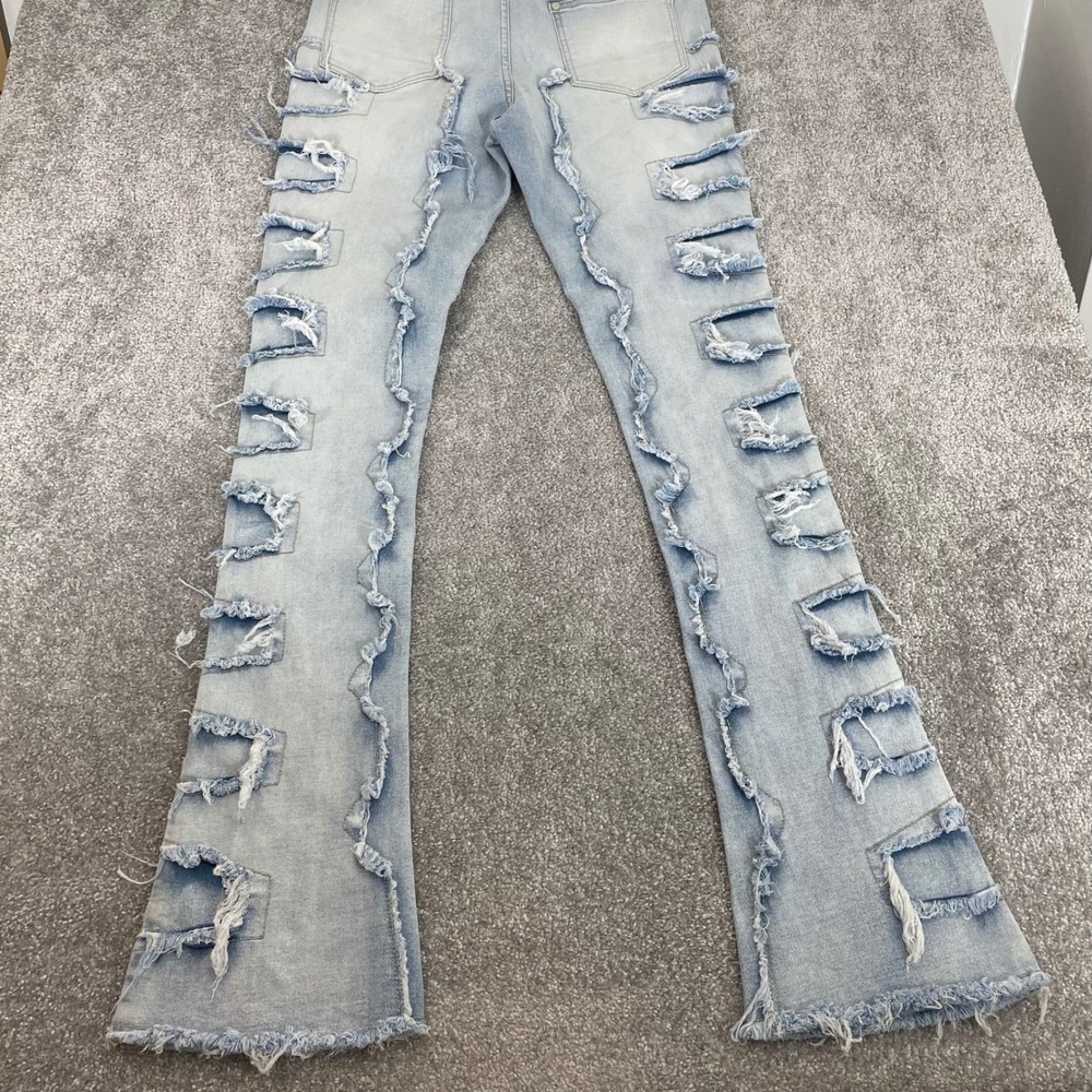 Guapi Jeans Mens 34 Distressed Patchwork Flare Light Wash Denim Frayed Street - Picture 2 of 14